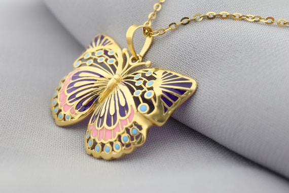 14K Enamel Butterfly Necklace: Vibrant Gem Style Art Pendant