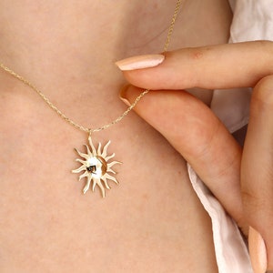 14k Solid Gold Sun Necklace: Radiant Minimalist Pendant