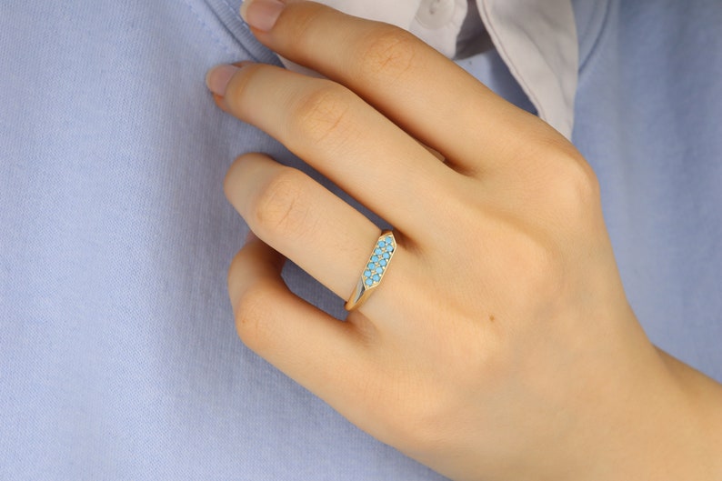 14k Solid Gold Dainyt Turquoise Band Ring, Geometric Turquoise Ring, Delicate Turquoise Gold Ring image 4