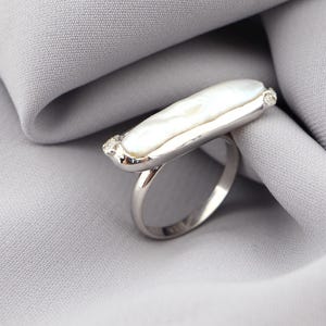 14K White Gold Baroque Pearl Ring: Diamond Accent Statement Ring