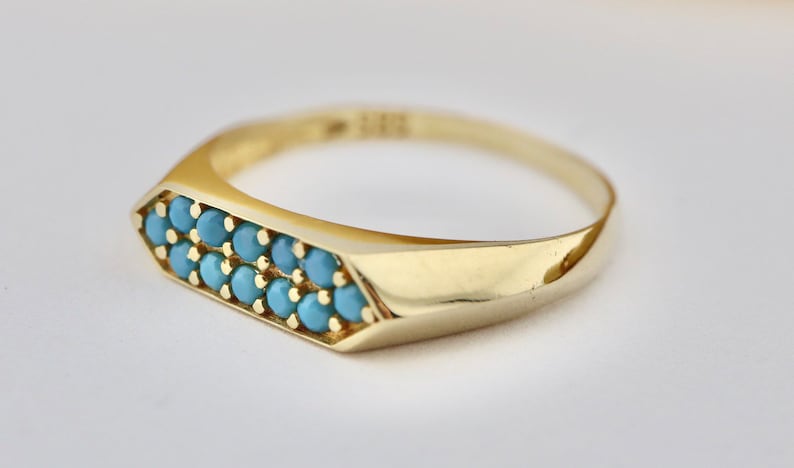 14k Solid Gold Dainyt Turquoise Band Ring, Geometric Turquoise Ring, Delicate Turquoise Gold Ring image 3