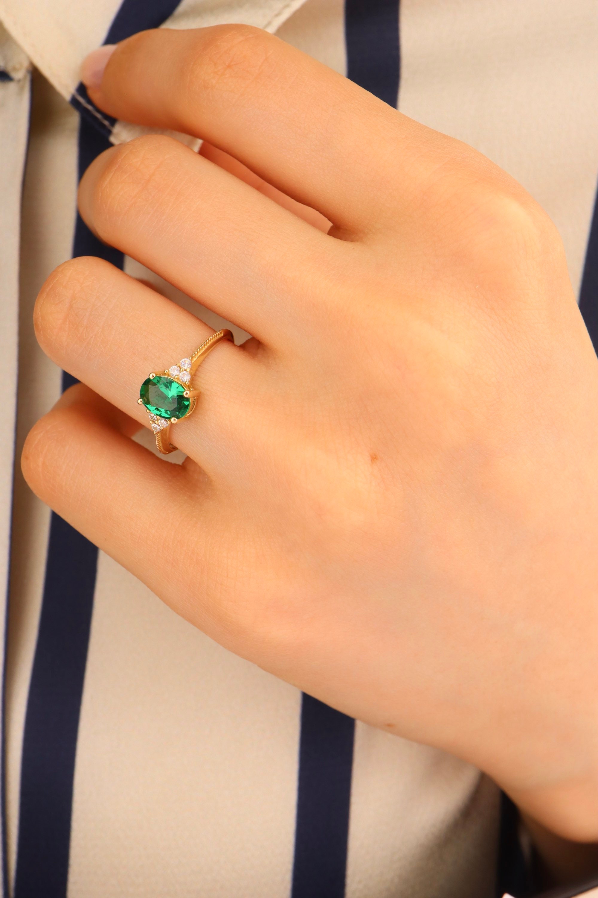 14K Solid Gold Green Stone Gold Ring - White Zircon Stones