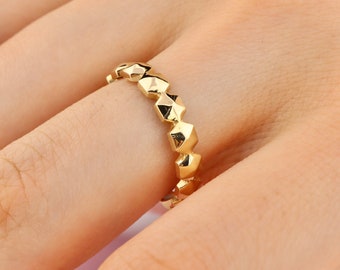 14K Gold Hexagon Ring: Faceted Geometric Stacking Band
