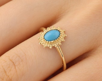 14k Solid Gold Turquoise Ring: Handmade Boho Statement Jewelry