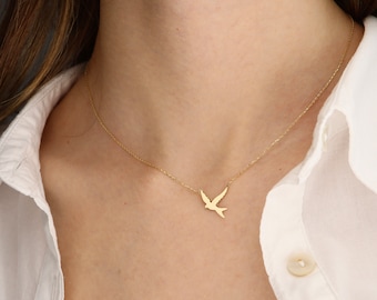 14K Gold Bird Necklace, Solid Gold Necklace, Gold Swallow Necklace, Dainty Gold Necklace, Tiny Bird Necklace, Handmade Jewelry