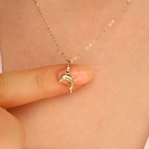 14K Gold Dolphin Necklace – Minimalist Curved Dolphin Pendant – Solid Gold Ocean Animal Jewelry for Women