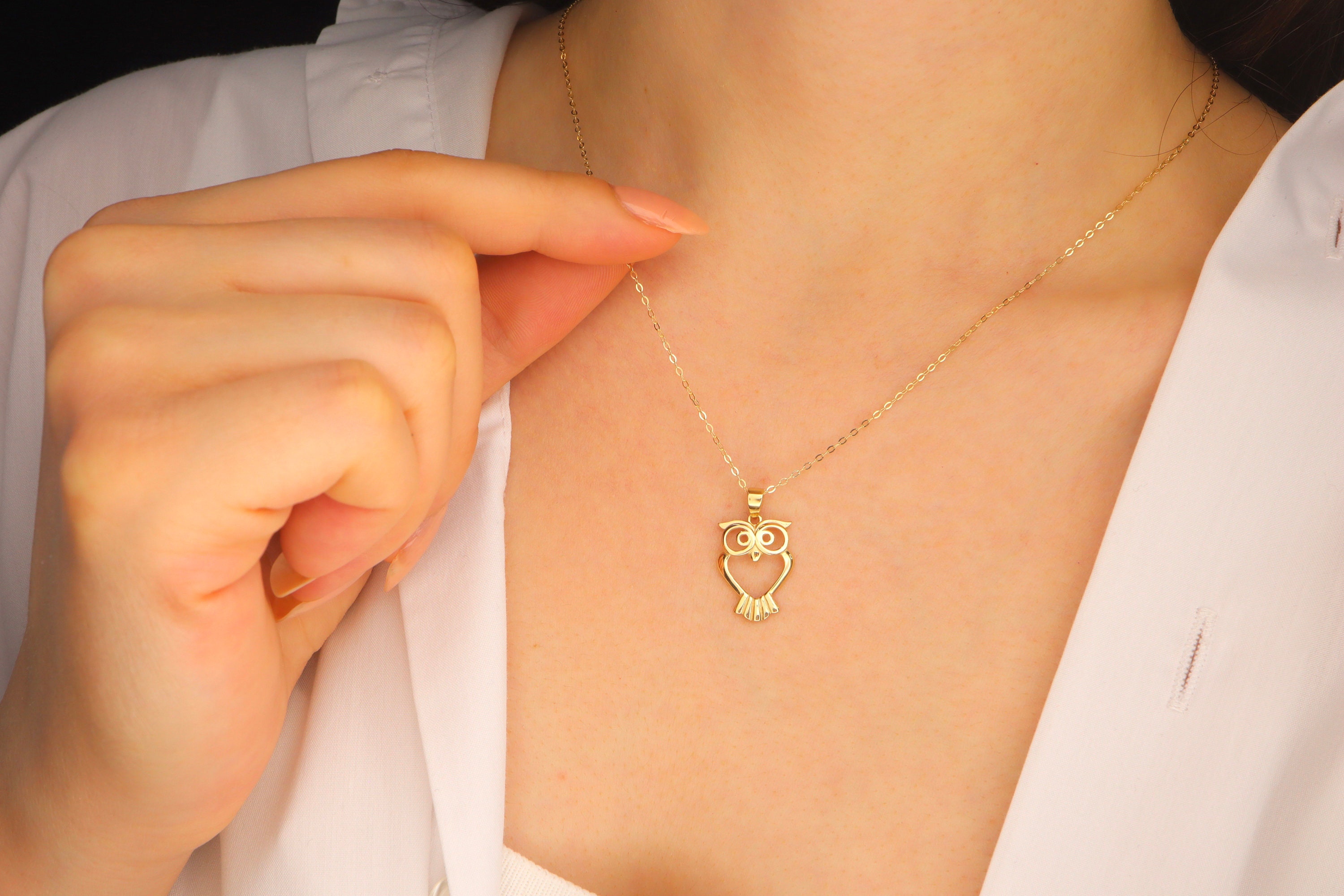 14K Gold Owl Necklace: Dainty Solid Gold Animal Pendant