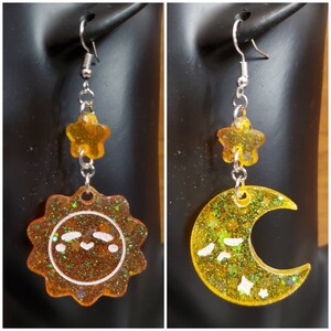 Sonne und Mond Ohrringe, Sonne Ohrringe, Mond Ohrringe, himmlischer Schmuck, Sonne und Mond Schmuck, Hippie Vibes, Chibi Mond, kawaii Ohrringe
