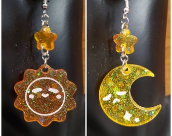 Sun and Moon Earrings, sun earrings, moon earrings, celestial jewelry, sun and moon jewelry, hippie vibes, chibi moon, kawaii earrings