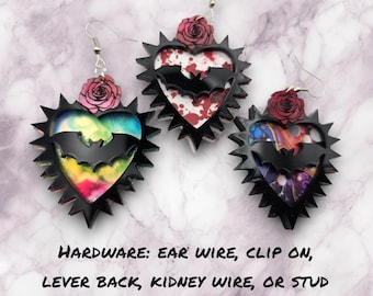 Bat Heart Earrings, goth jewelry, bat earrings dangle, bat jewelry, gothic jewelry, goth earrings, halloween earrings, spooky season