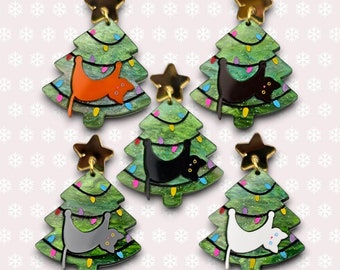 Boucles d'oreilles chat dans le sapin de Noël, boucles d'oreilles en acrylique, boucles d'oreilles d'hiver, boucles d'oreilles de Noël, bijoux d'hiver, bijoux de Noël, cadeaux de Noël
