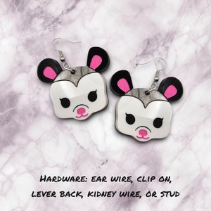 Possum Acrylic Earrings, possum earrings, possum jewelry, kawaii accessories, opossum earrings, opossum jewelry, kidcore accessories