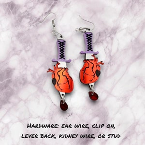 Stabbed Heart Earrings, whimsigoth jewelry, anatomical heart earrings, emo jewelry, cute halloween earrings, goth earrings, goth jewelry