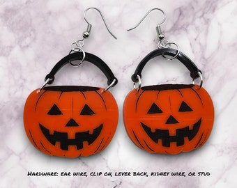 Jack-O-Lantern Pail acrylic earrings, pumpkin jewelry, halloween jewelry, halloween earrings, autumn earrings, gifts for halloween