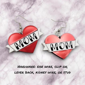 Mom Heart earrings, sailor tattoo earrings, american traditional tattoo jewelry, mom earrings, novelty earrings, mom jewelry, gifts for mom