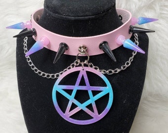 Ritual Custom Spiked Choker with Chains, custom choker, spike choker, spiked collar, chain choker, pentagram choker, pentacle jewelry