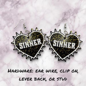 Sinner Barbed Wire Heart acrylic earrings, sinner saint, gothic jewelry, goth earrings, emo earrings, gifts for halloween, goth jewelry