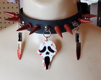 Bloody Ghostface Custom Spiked Choker, custom choker, emo jewelry, scream choker, alternative jewelry, ghostface choker, scary movie