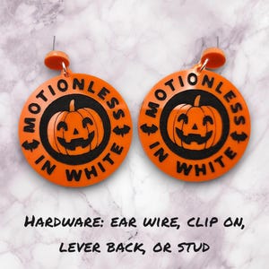 Motionless In White Pumpkin earrings, acrylic earrings, motionless in white merch, Chris Motionless, band merch, emo earrings, goth gifts