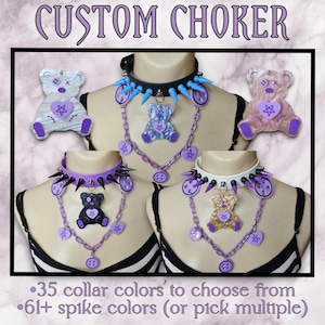 Beary Scary Custom Spiked Choker mit Ketten, Halsband personalisiert, Szene Kind Accessoires, Pastell Goth Choker, Emo Schmuck, Kidcore Choker