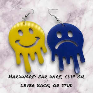 Drippy Happy Face Sad Face Acrylic Earrings, trippy jewelry, smiley face earrings, sad face earrings, emo jewelry, rave accessories