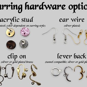 K&ouml;nnte beinhalten: Bild mit verschiedenen Ohrring-Hardware-Optionen. Enth&auml;lt Acrylstecker, Ohrhaken, Clip-On-Modelle und Klappb&uuml;gel. Textbeschriftungen kennzeichnen jeden Typ mit Details zu Materialien wie Edelstahl, Silberbeschichtung und Messing.