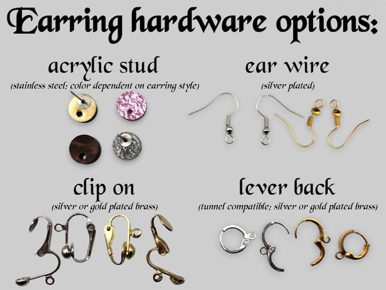 K&ouml;nnte beinhalten: Bild mit verschiedenen Ohrring-Hardware-Optionen. Enth&auml;lt Acrylstecker, Ohrhaken, Clip-On-Modelle und Klappb&uuml;gel. Textbeschriftungen kennzeichnen jeden Typ mit Details zu Materialien wie Edelstahl, Silberbeschichtung und Messing.