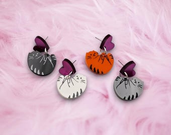 Cat Earrings with Heart Studs, cute cat earrings, valentines earrings, gifts for cat lover, cat lover earrings, gifts for valentines day