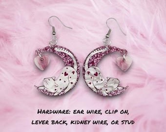 Pendientes de gato con luna creciente para San Valentín, lindos pendientes de gato, pendientes de San Valentín, pendientes para amantes de los gatos, ideas de regalo para el día de San Valentín, celestiales