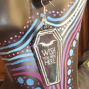 Wish You Were Here Coffin Earrings, coffin jewelry, halloween earrings, halloween jewelry, gifts for goths, emo jewelry, goth earrings