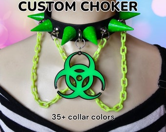 Biohazard Choker, glow in the dark jewelry, uv reactive, custom choker, chain choker, rave accessories, music festival outfit, spiked choker