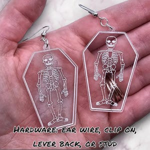 Skeleton Coffin clear acrylic earrings, skeleton jewelry, halloween jewelry, halloween earrings, skeleton earrings, gifts for goths