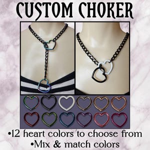 May include: A black chain choker necklace with two heart-shaped charms. The charms are available in 12 different colours. "CUSTOM CHOKER" is written at the top of the image. "12 heart colours to choose from" and "Mix & match colours" are written at the bottom of the image.