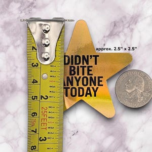 May include: Gold star-shaped sticker with the text "Didn't Bite Anyone Today" in black lettering. The sticker measures approximately 2.5 inches by 2.5 inches.