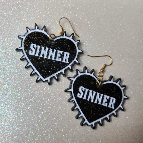 Sinner Barbed Wire Heart acrylic earrings, sinner saint, gothic jewelry, goth earrings, emo earrings, gifts for halloween, goth jewelry