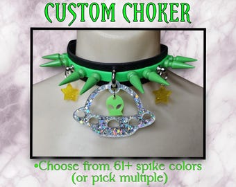 Out Of This World Custom Spiked Choker, alien choker, stoner jewelry, custom choker, rave accessories, flying saucer jewelry, alien jewelry