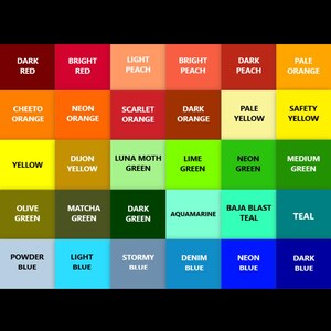 K&ouml;nnte beinhalten: Eine Farbkarte mit 25 verschiedenen Farbt&ouml;nen, darunter Rot, Orange, Gelb, Gr&uuml;n, Blau und Teal. Jede Farbe ist mit einem beschreibenden Namen gekennzeichnet.