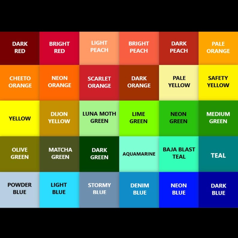 K&ouml;nnte beinhalten: Eine Farbkarte mit 25 verschiedenen Farbt&ouml;nen, darunter Rot, Orange, Gelb, Gr&uuml;n, Blau und Teal. Jede Farbe ist mit einem beschreibenden Namen gekennzeichnet.