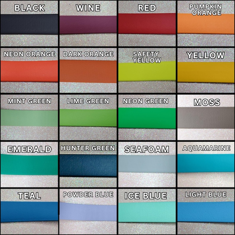 K&ouml;nnte beinhalten: Eine Farbkarte mit 18 verschiedenen farbigen Lederstreifen. Die Farben sind Schwarz, Wein, Rot, K&uuml;rbisorange, Neonorange, Dunkelorange, Sicherheitsgelb, Gelb, Minzgr&uuml;n, Limettengr&uuml;n, Neongr&uuml;n, Moos, Smaragd, J&auml;gergr&uuml;n, Schaum, Aquamarin, Teal, Puderblau, Eisblau und Hellblau.