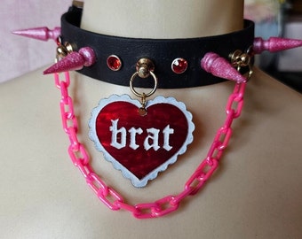 Brat Heart Custom Spiked Chain Choker, custom choker, spike choker, spike collar, gift for valentines day, gifts for partner, choker for sub