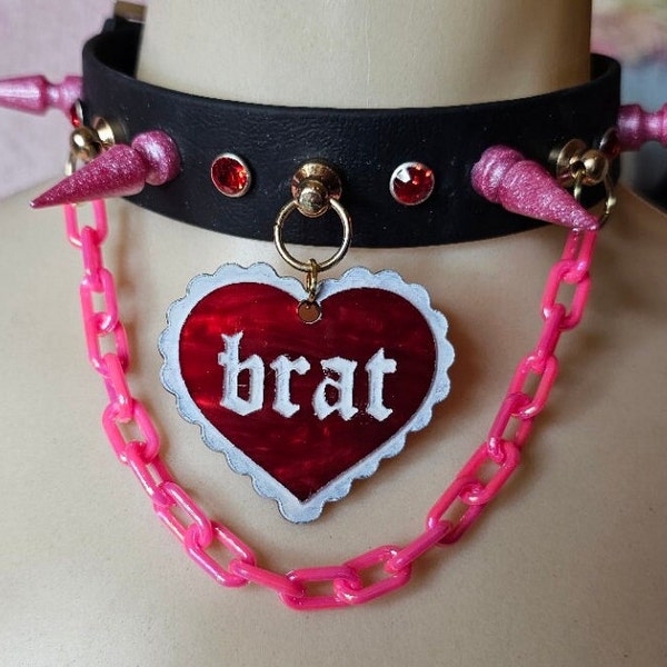 Brat Heart Custom Spiked Chain Choker, custom choker, spike choker, spike collar, gift for valentines day, gifts for partner, choker for sub