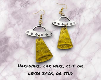 UFO earrings, acrylic earrings, flying saucer earrings, UFO jewelry, flying saucer jewelry, alien earrings, alien abduction, alien jewelry