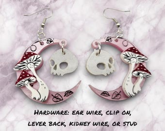Mushroom, Skull, and Moon Earrings, whimsigoth jewelry, celestial earrings, mushroom jewelry, cottagecore earrings, fairy kei jewelry