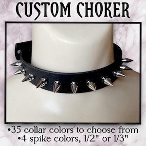 May include: A black leather choker with silver spikes. The choker is adjustable and has 35 collar colours and 4 spike colours to choose from. The spikes are available in 1/2 inch or 1/3 inch sizes.
