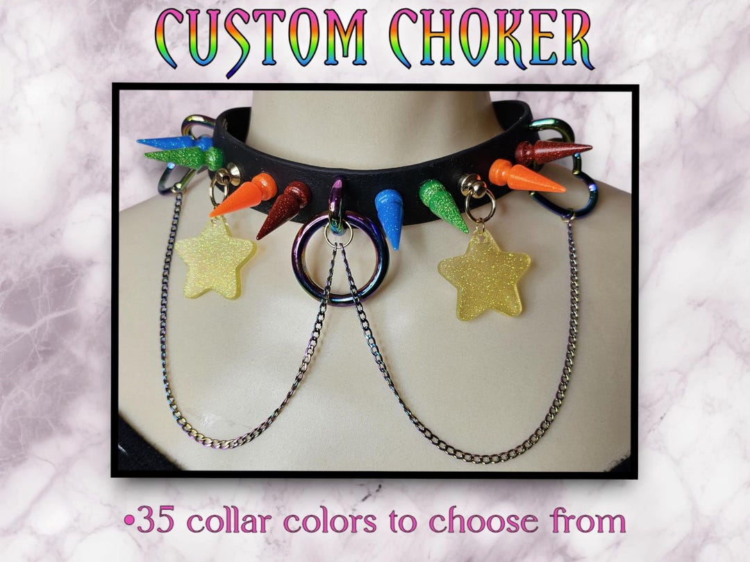 Rainbow Road Custom Spiked Choker With Chains and O-ring