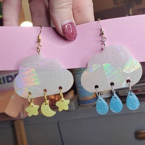 Cloud Holographic Earrings, with Rain Drops or Moon and Stars, cloud earrings with raindrops, cloud jewelry, fairy kei, whimsigoth jewelry