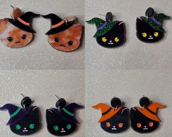 Pendientes de gato brujo, pendientes de acrílico, pendientes de gato de Halloween, regalos para Halloween, joyas de Halloween, pendientes de Halloween, truco o trato