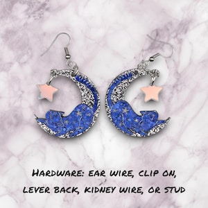Starry Crescent Moon Cat Earrings, celestial jewelry, cute cat earrings, gifts for cat lover, whimsigoth jewelry, cat lover earrings