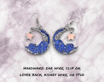 Starry Crescent Moon Cat Earrings, celestial jewelry, cute cat earrings, gifts for cat lover, whimsigoth jewelry, cat lover earrings