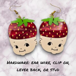 Kitschy Strawberry Baby Acrylic Earrings, kewpie earrings, kewpie doll art, kidcore jewelry, kawaii accessories, cute earrings, baby doll